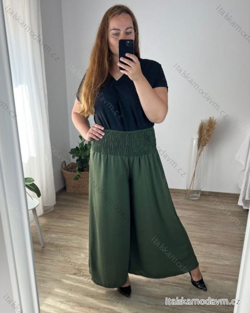 Nohavice letné dlhé dámske nadrozmer (56/58 ONE SIZE) POLSKÁ MÓDA IMWT24039/DR zelená khaki 56/58