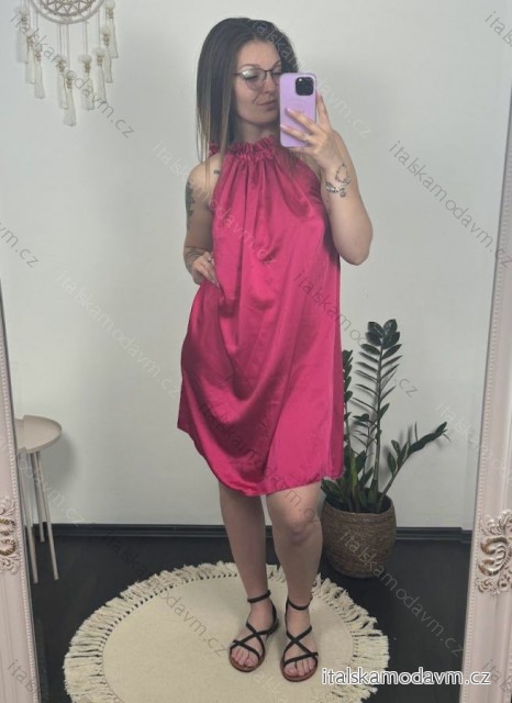 Šaty letní saténové bez rukávů dámské (S/M/L ONE SIZE) ITALSKÁ MÓDA IMD23436/DU tmavě růžová M/L