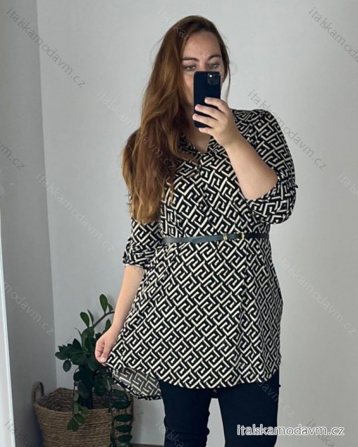 Šaty/tunika košilová s páskem dlouhý rukáv dámské (S/M/L/XL/2XL/3XL ONE SIZE) ITALSKá MóDA IM322298/DU béžová 2XL/3XL