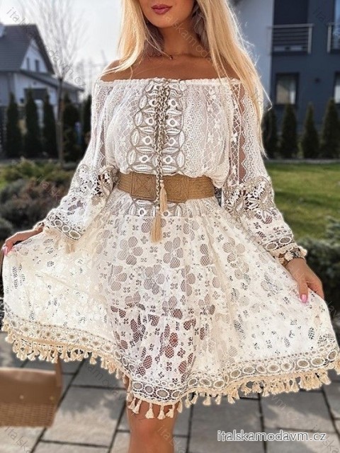 Šaty letné krajkové carmen dlhý rukáv dámske (S/M ONE SIZE) TALIANSKA MÓDA IMWGB24052/DUR S / M biela