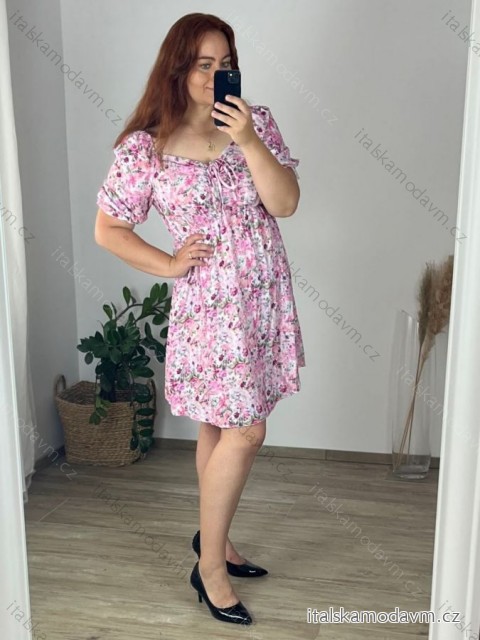 Šaty dlhé letné carmen dlhý rukáv dámske nadrozmer (40/42 ONE SIZE) TALIANSKA MÓDA IMWEC24081/DUR -   ružová -   40/42