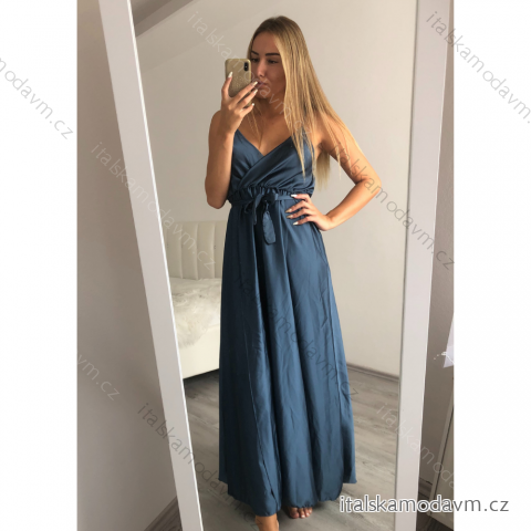Šaty dlhé letné saténové s opaskom na ramienka dámske (S/M ONE SIZE) TALIANSKA MÓDA IMM22INFINITE/DUR - modrá zafírová - S/M