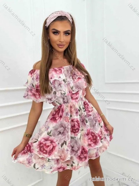 Šaty carmen cez ramená letné dámske (S/M ONE SIZE) TALIANSKA MÓDA IMM24M5076/DUR - ružová - S / M