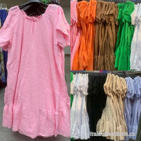 Šaty mušelínové krátky rukáv dámske nadrozmer (54/56/58 ONE SIZE) TALIANSKA MÓDA IMWEC24186/DR - béžová - 56/58