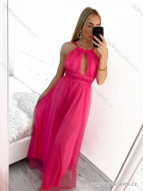 Šaty dlhé tylové spoločenské na ramienka dámske (S/M ONE SIZE) TALIANSKA MÓDA IMM23M9120/DU -   modrá kráľovská -   S / M