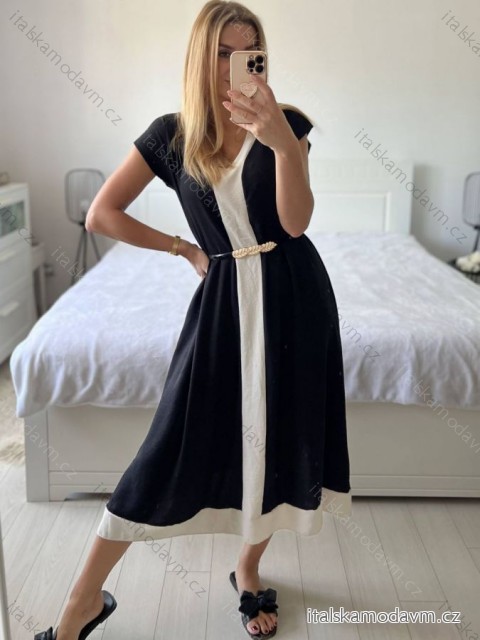 Šaty dlouhé elegantní krátký rukáv dámské (S/M/L ONE SIZE) ITALSKÁ MÓDA IMPES24001/DUR -   Černá -   M/L