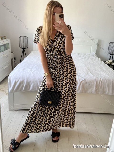 Šaty dlouhé letní krátký rukáv dámské (S/M ONE SIZE) ITALSKá MóDA IM323101-5/DU S/M černo-béžová