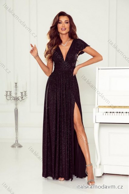 Šaty dlhé spoločenské trblietavé s flitrami krátky rukáv dámske nadrozmer (34-48) POLSKÁ MÓDA PMLWD24GABRIELA čierna 40