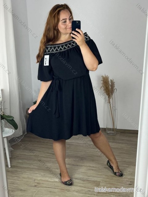 Šaty krátké s páskem  carmen dámské nadrozměr (48/50 ONE SIZE) ITALSKÁ MÓDA IMWEC24115/DUR -   Černá -   48/50