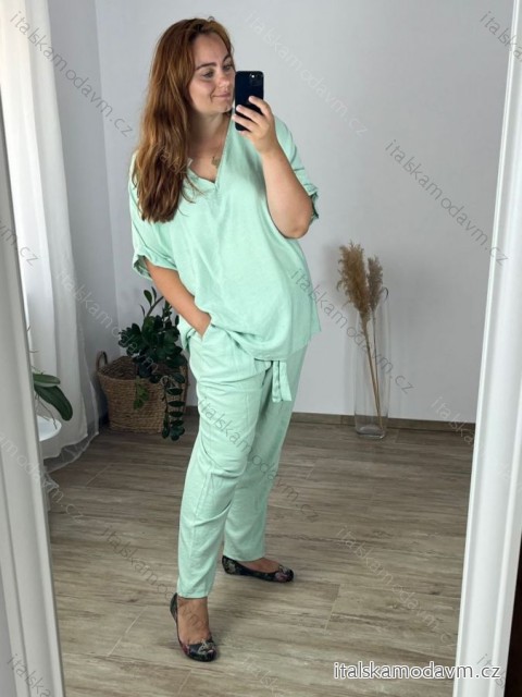 Souprava letní tunika a kalhoty dámská nadrozměr (56/58 ONE SIZE) POLSKÁ MÓDA IMWT24049/DUR -   zelená olivová -   56/58