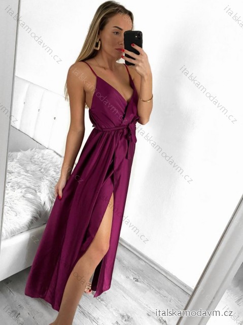 Šaty dlouhé letní saténové s páskem na ramínka dámské  (S/M ONE SIZE) ITALSKÁ MÓDA IMM22INFINITE fialová