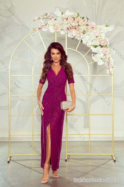 Šaty dlouhé elegantní třpytivé krátký rukáv dámské nadrozměr (34-48) POLSKÁ MÓDA PMLWD24CELIA3 tmavě růžová 36