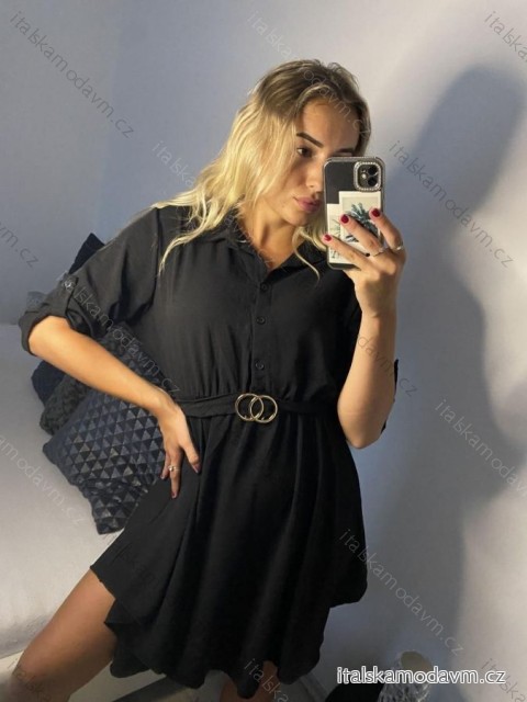 Šaty košeľové 3/4 dlhý rukáv dámske (S/M/L ONE SIZE) TALIANSKA MÓDA IMD24081/DU M / L čierna