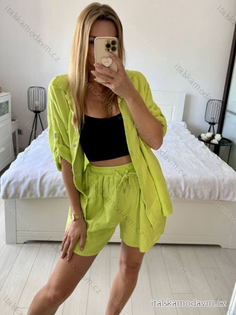 Súprava letný mušelín kraťasy a košele dlhý rukáv dámske (S/M/L ONE SIZE) TALIANSKA MÓDA IMWMY23232194/DUR - zelená limetková - M/L