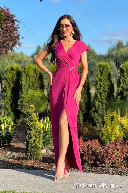Šaty dlhé spoločenské krátky rukáv dámske nadrozmer (34-50 ONE SIZE) POLSKÁ MÓDA PMLEL24DIANA6 tmavo ružová 38