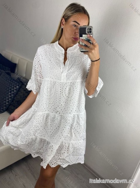 Šaty krajkové boho madeira krátký rukáv  dámské (S/M/L ONE SIZE) ITALSKÁ MÓDA IMWGS24056/DUR -   bílá -   M/L