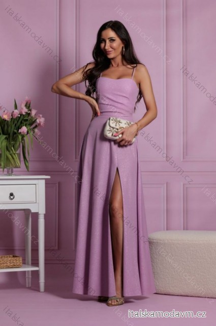 Šaty dlhé spoločenské trblietavé na ramienka dámske (34-42) POLSKÁ MÓDA PMLEL24NATHALIEB svetlo fialová 36