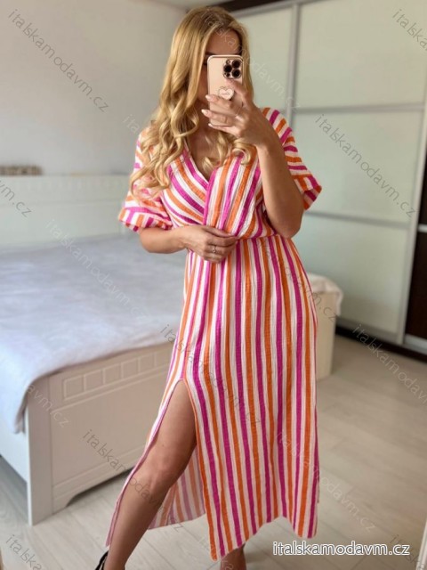 Šaty dlouhé letní mušelínové krátký rukáv dámské (S/M ONE SIZE) ITALSKÁ MÓDA IMWCH24569-3/DU S / M ružová