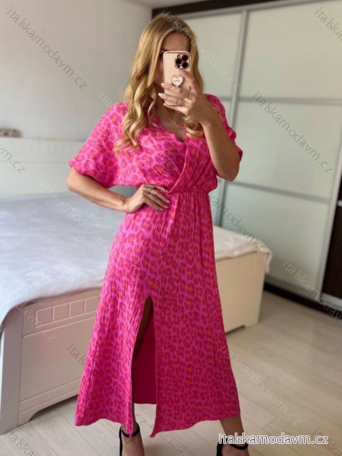 Šaty dlouhé letní mušelínové krátký rukáv dámské (S/M ONE SIZE) ITALSKÁ MÓDA IMWCH24569-4/DU S / M ružová