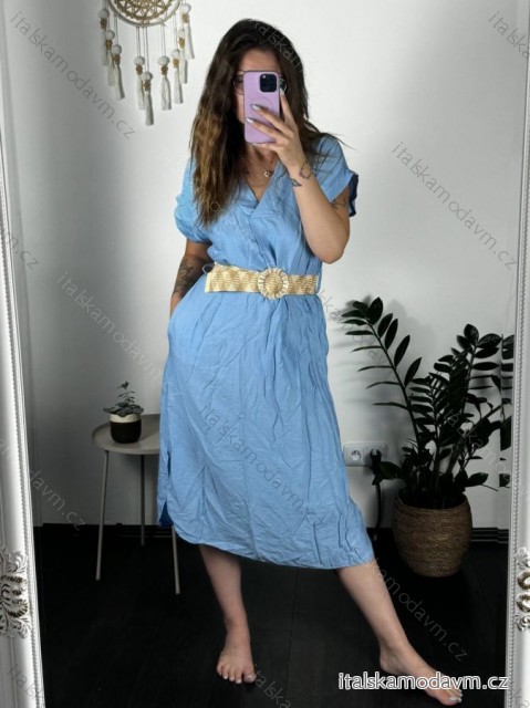 Šaty dlhé letné s opaskom krátky rukáv dámske (S/M ONE SIZE) TALIANSKA MóDA IM324200/DU svetlo modrá S/M