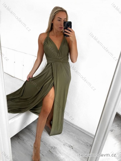 Šaty spoločenské dlhé ramienka na variabilné zaväzovanie dámske (S/M/L/XL ONE SIZE) TALIANSKA MÓDA IMM223000HG - zelená khaki - S/M
