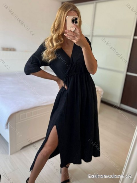 Šaty dlhé letné mušelínové krátky rukáv dámske (S/M/L ONE SIZE) TALIANSKA MÓDA IM424404/DU -   čierna -   M / L