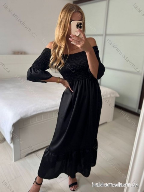 Šaty dlhé žabičované krátky rukáv dámske (S/M ONE SIZE) TALIANSKA MÓDA IMPMD243151K/DU -   čierna
 -   S / M