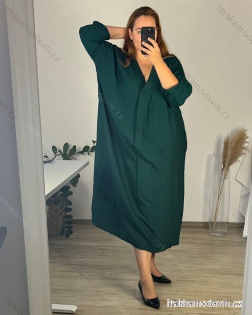 Šaty elegantní dlouhý rukáv dámské nadrozměr (56/58 ONE SIZE) ITALSKá MóDA IM424MARIONA/DU 56/58 tmavě smaragdová