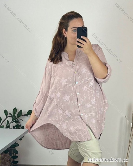 Košeľa bavlnená dlhý rukáv dámska nadrozměr (56/58 ONE SIZE) TALIANSKA MODA IMSM24032/DUR 56/58 ružová staroružová