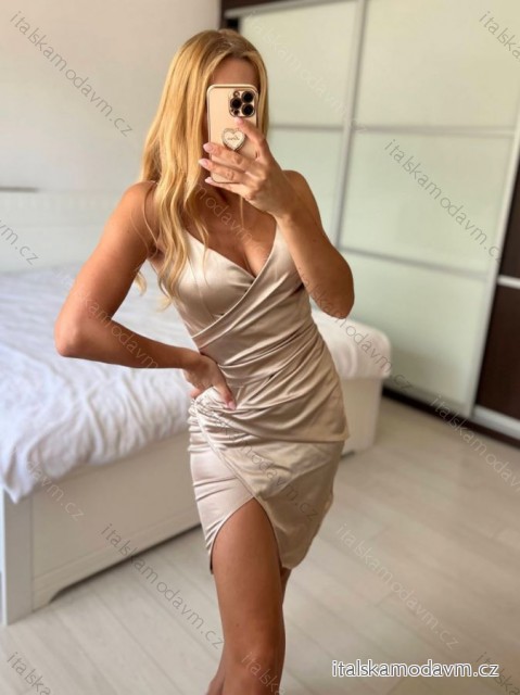 Šaty elegantné spolčenské krátké saténové na ramienka dámske (S/M ONE SIZE) TALIANSKA MóDA IM322305/DR -   béžová -   S / M