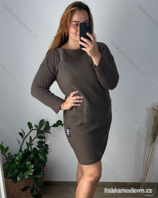 Šaty pletené sveter predĺžený dámske nadrozměr (52/54 ONE SIZE) TALIANSKÁ MÓDA IMD24VERONA/DU 52/54 hnedá