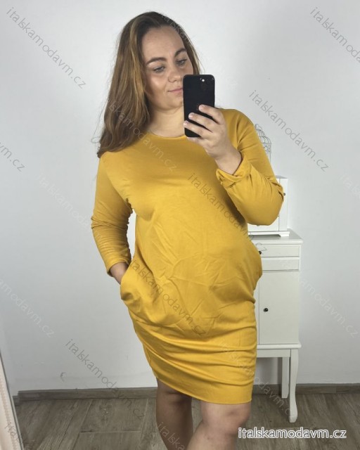 Šaty klasik dlouhý rukáv nadrozměr dámske (2XL/3XL ONE SIZE) TALIANSKA MÓDA IM723KLASIKA/DUR 2XL/3XL hořčicová