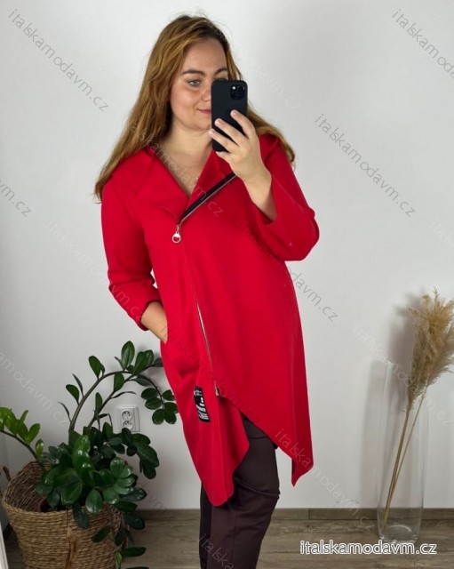 Kabát dlouhý na zip s kapucí dámský nadrozměr (XL/2XL ONE SIZE) ITALSKÁ MÓDA IMD23ERIKA/DUR červená XL/2XL