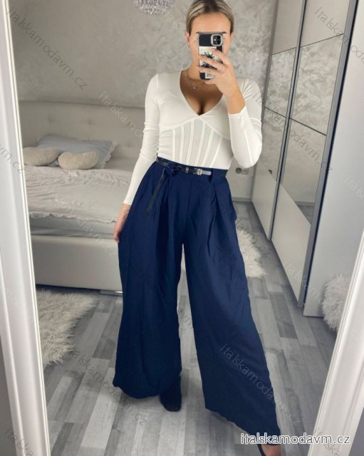 Kalhoty s páskem široké nohavice dlouhé letní dámské (S/M ONE SIZE) ITALSKá MODA IM424383/DUR tm. modrá S/M