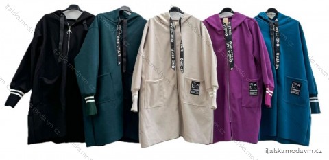 Kabát flaušový na zip s kapucí 3/4 dlouhý rukáv dámský nadrozměr (50/52/54 ONE SIZE) ITALSKÁ MÓDA IMD24445