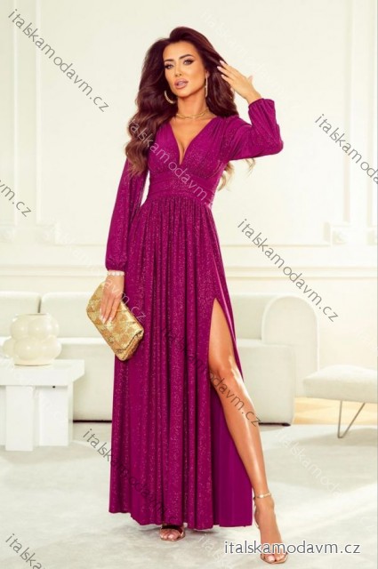 Šaty dlhé elegantné trblietavé dlhý rukáv dámske nadrozmer (34-50) POLSKÁ MÓDA PMLWD24RAMONA tmavo ružová 38