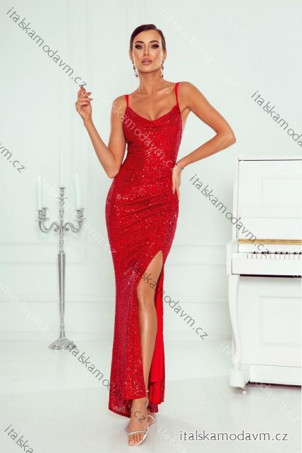 Šaty dlouhé společenské třpytivé s flitry na ramínka dámské (34-38) POLSKÁ MÓDA PMLWD24LUIZA1 červená 36