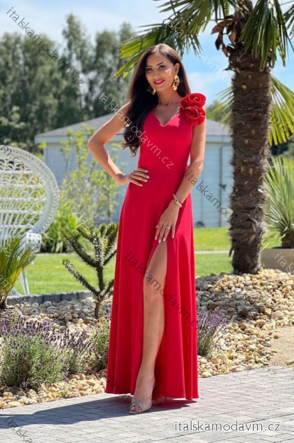 Šaty dlouhé společenské na ramínka dámské nadrozměr (34-48) POLSKÁ MÓDA PMLEL24ANABEL5 růžová malinová 36