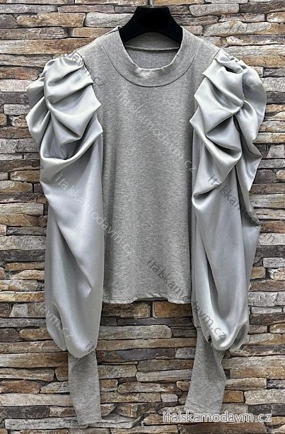 Blúzka saténová dlhý rukáv dámska (S/M/L ONE SIZE) TALIANSKA MÓDA IMPES24AYO šedá S/M/L