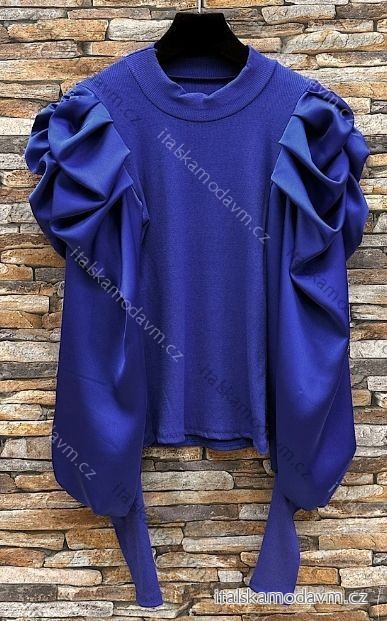Blúzka saténová dlhý rukáv dámska (S/M/L ONE SIZE) TALIANSKA MÓDA IMPES24AYO modrá S/M/L