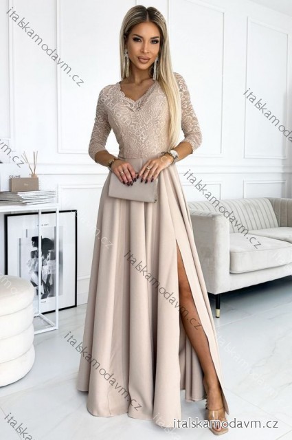 309-10 AMBER čipkované, elegantné dlhé šaty s výstrihom a rozparkom na nohách - béžové béžová XL