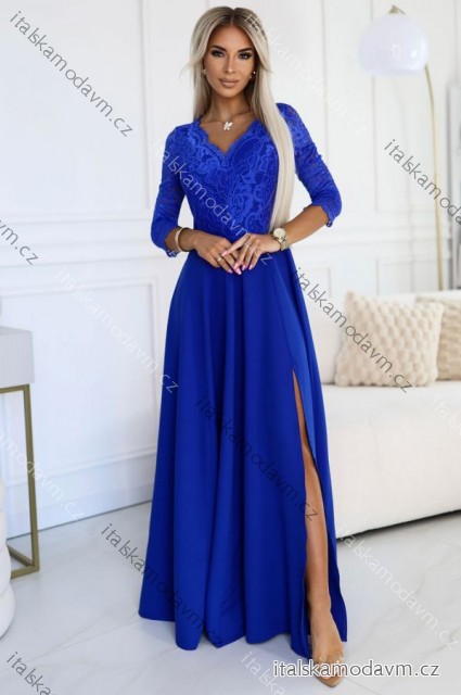 309-12 AMBER elegantní krajkové dlouhé šaty s výstřihem - Royal blue