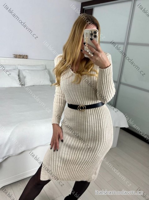 Šaty pletené dlhý rukáv dámske (S/M/L ONE SIZE) TALIANSKA MÓDA IMWBL24150/DU -   béžová smetanová -   S/M/L