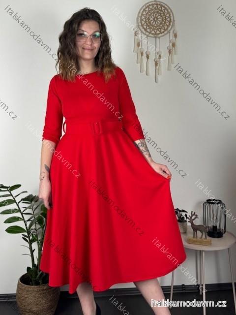 Šaty elegantné s opaskom dlhý rukáv dámske (S/M/L ONE SIZE) TALIANSKA MÓDA IM424802 červená S/M/L