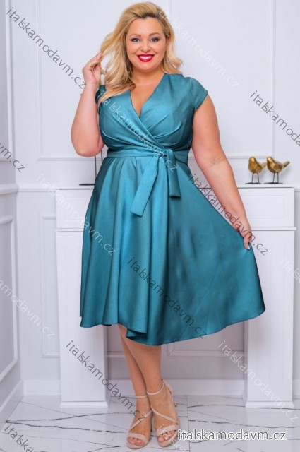 Šaty elegantné spoločenské krátky rukáv dámske nadrozmer (36-50) POLSKÁ MÓDA PMLBF24NICOL4 tyrkysová 42