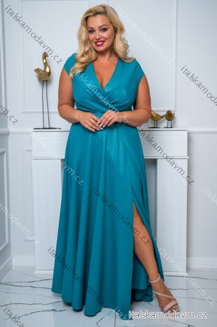 Šaty dlhé elegantné spoločenské lesklé krátky rukáv dámske nadrozmer (44-50) POLSKÁ MÓDA PMLBF24NATALIA modrá azúrová 48