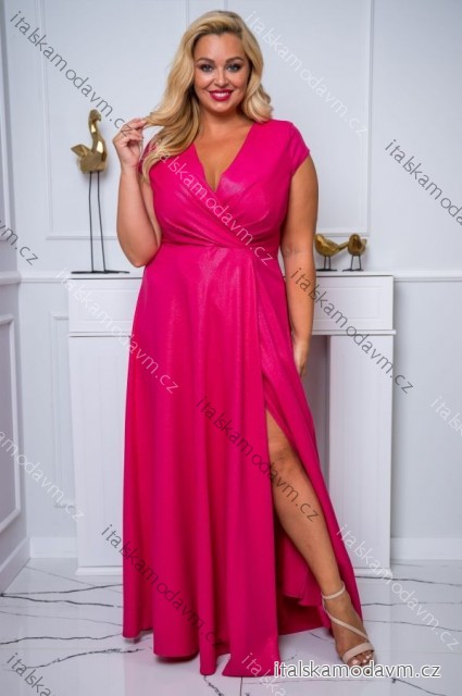 Šaty dlhé elegantné spoločenské lesklé krátky rukáv dámske nadrozmer (44-50) POLSKÁ MÓDA PMLBF24NATALIA2 růžová fuchsiová 50