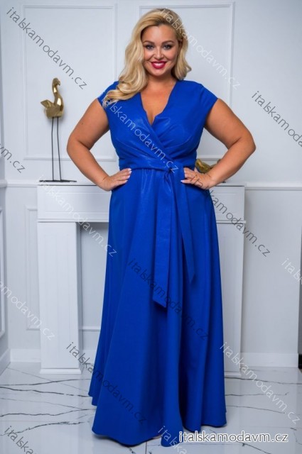 Šaty dlouhé elegantní společenské lesklé krátký rukáv dámské nadrozměr (44-50) POLSKÁ MÓDA PMLBF24NATALIA4 modrá královská 48