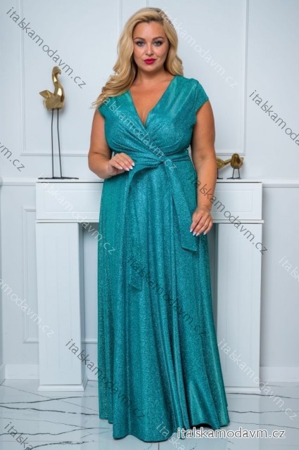 Šaty dlhé elegantné spoločenské lesklé krátky rukáv dámske nadrozmer (44-50) POLSKÁ MÓDA PMLBF24NATALIA7 zelená 50