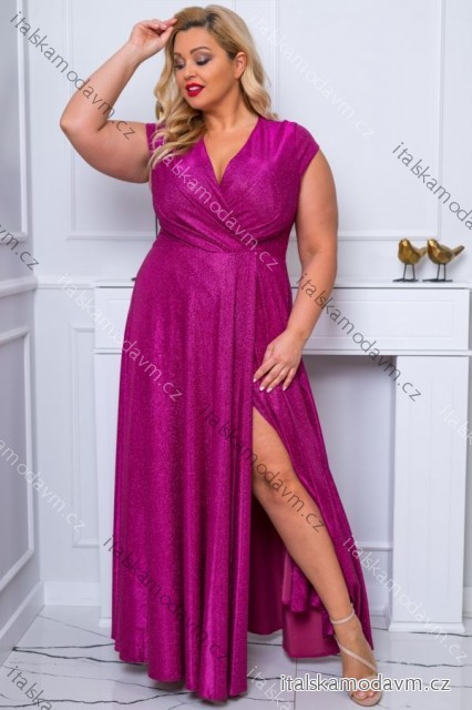 Šaty dlouhé elegantní společenské třpytivé krátký rukáv dámské nadrozměr (44-50) POLSKÁ MÓDA PMLBF24NATALIA-1 růžová fuchsiová 50